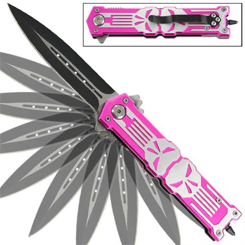 Punisher Pink Stiletto Style Spring Assist Knife - Glass Breaker