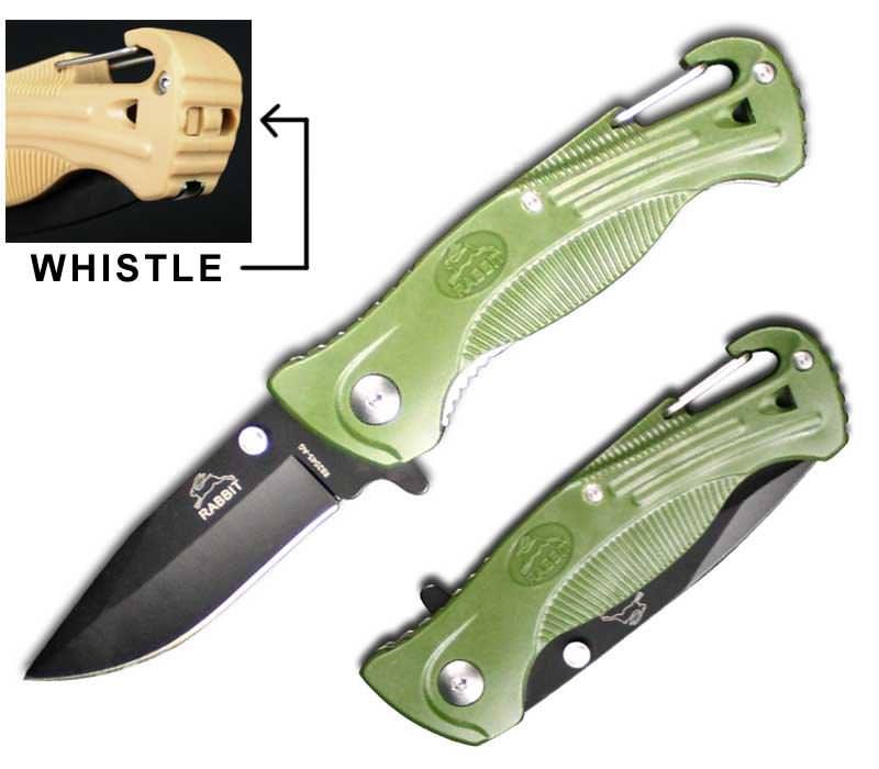 Green Rescue Spring Assist Folding Knife With Whistle and Belt Hook