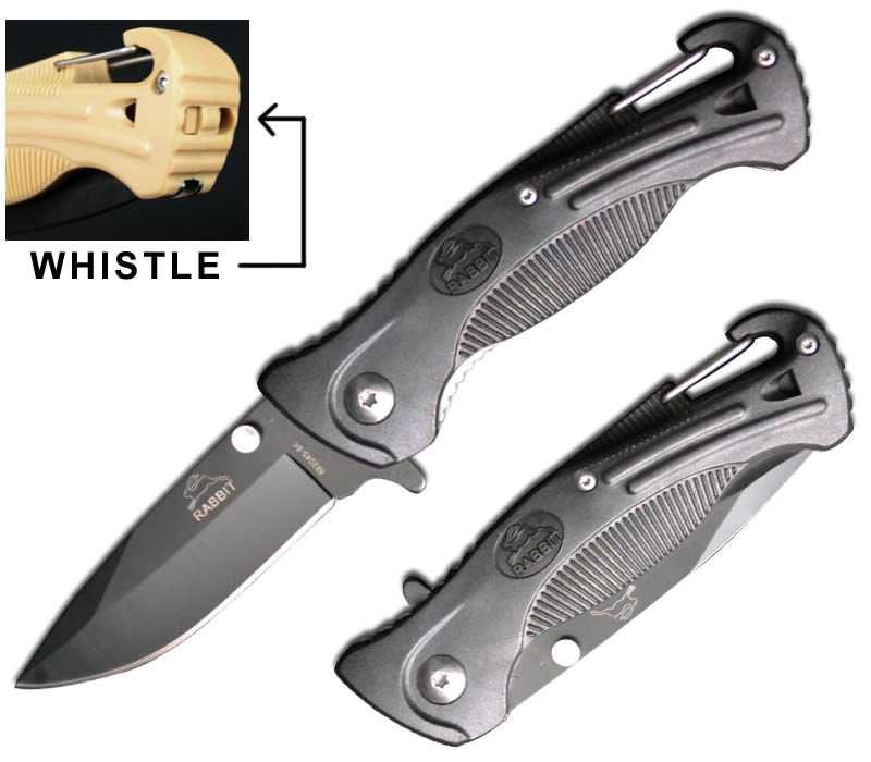 Black Rescue Spring Assist Folding Knife With Whistle and Belt Hook