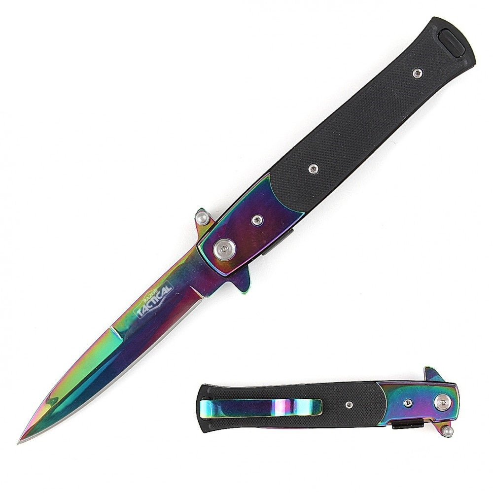 9" Italian Stiletto Tactical Spring Assisted Open Pocket Knife Rainbow - TOPHATTER'S ARMORY DEALS