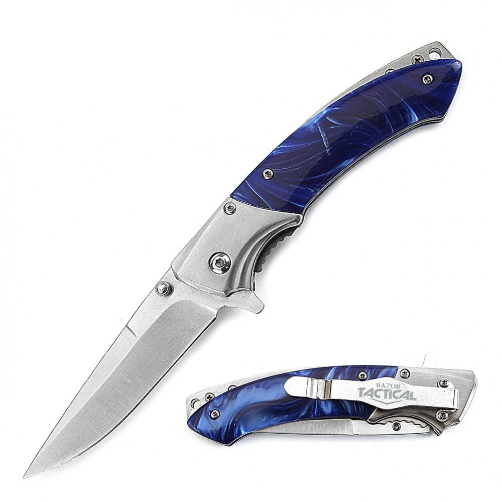 4.5 Inch Closed Slimline Spring Assist Knife Blue Pearl Handle
