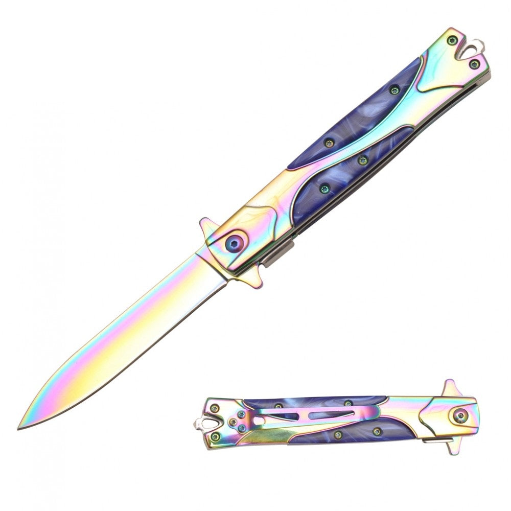 Rainbow Stiletto Style Spring Assisted Knife - Blue Pearl Handle - TOPHATTER'S ARMORY DEALS