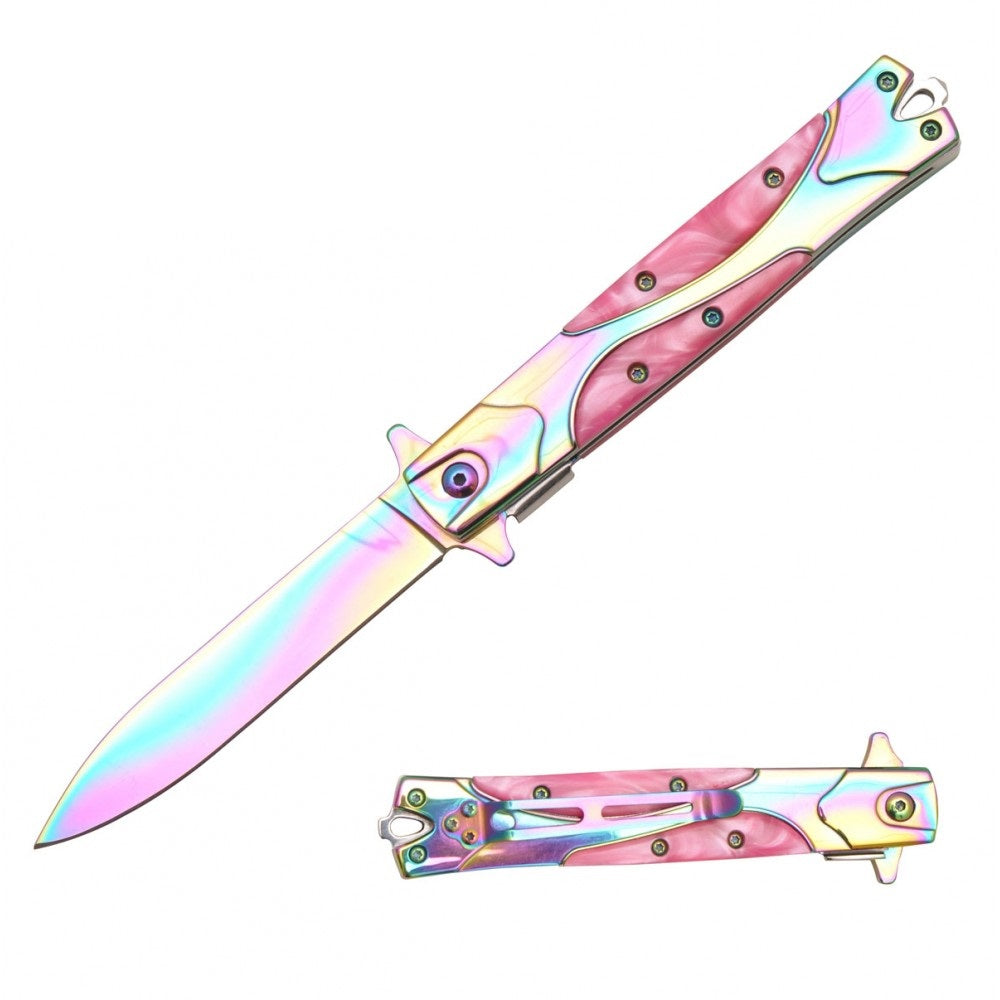 Rainbow Stiletto Style Spring Assisted Knife - Pink Pearl Handle - TOPHATTER'S ARMORY DEALS