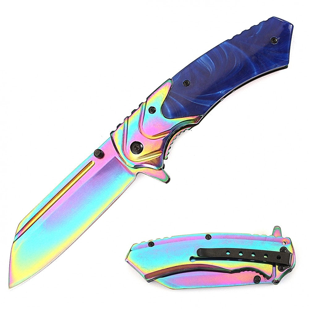 8" Classic Blue Pearl Handle Assisted Open Pocket Knife Cleaver Blade