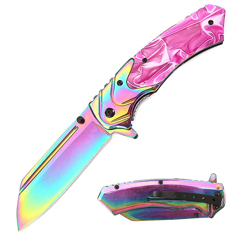 8" Classic Pink Pearl Handle Assisted Open Pocket Knife Cleaver Blade