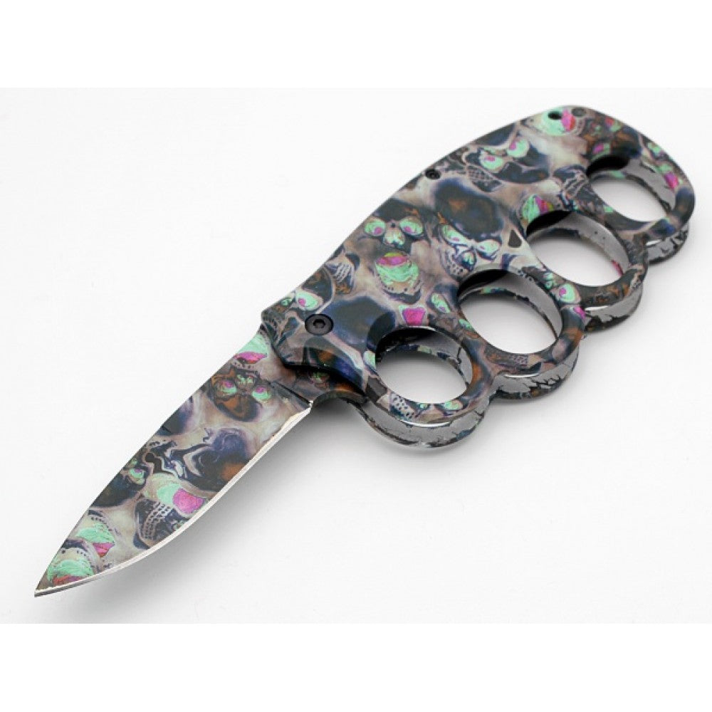 Skulls Knuckle Guard Defense Blade Spring Assist Folding Knife - TOPHATTER'S ARMORY DEALS