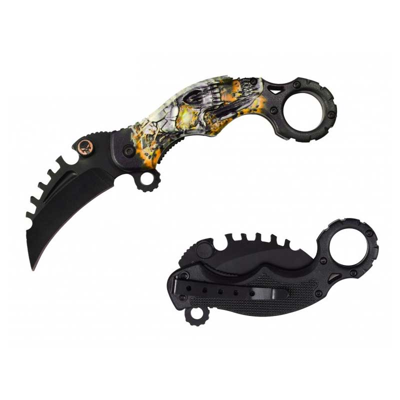 Yellow Skull Karambit Reverse Sawblade Spring Assist Folding Pocket Knife - TOPHATTER'S ARMORY DEALS