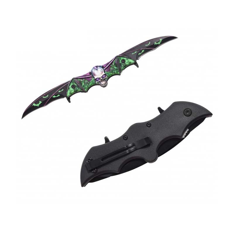 Green Zombie Skull Tactical Dual Blade Fantasy Bat Spring Assist Knife - TOPHATTER'S ARMORY DEALS