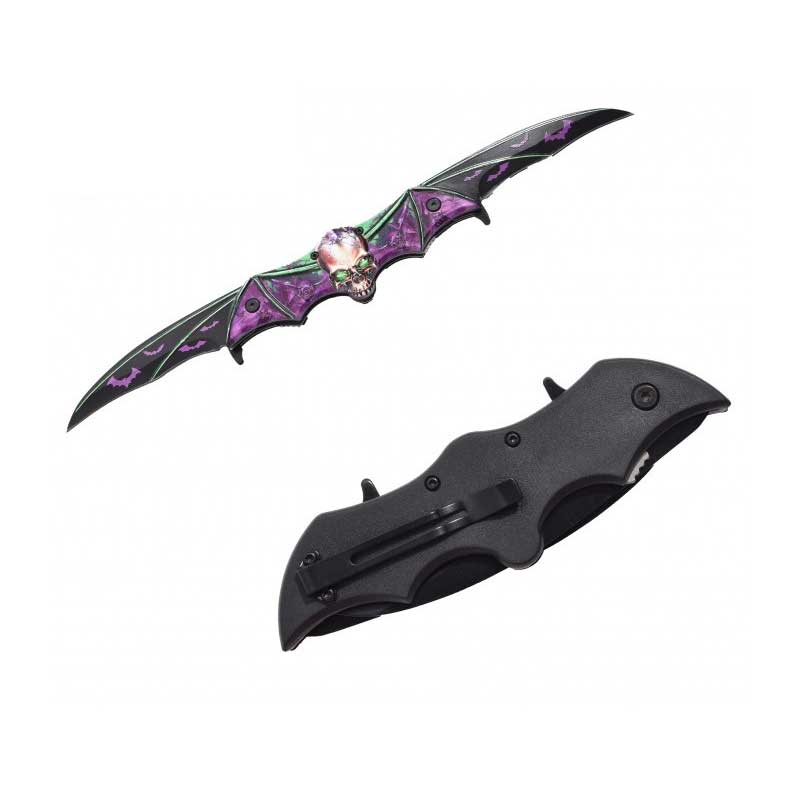 Purple Zombie Skull Tactical Dual Blade Fantasy Bat Spring Assist Knife - TOPHATTER'S ARMORY DEALS