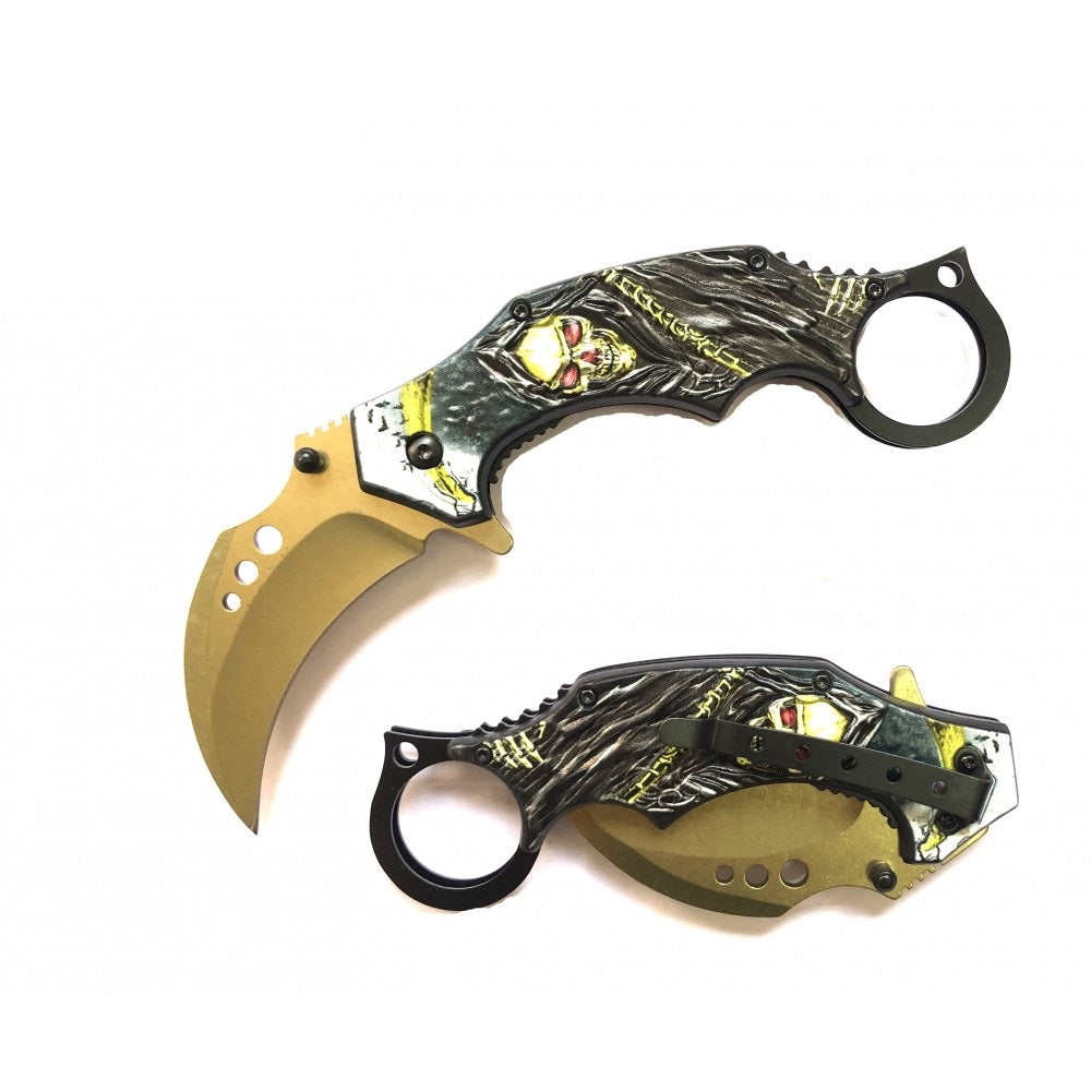 Demon Of Death Grim Reaper Karambit Pocket Knife Flaming Scythe Gold