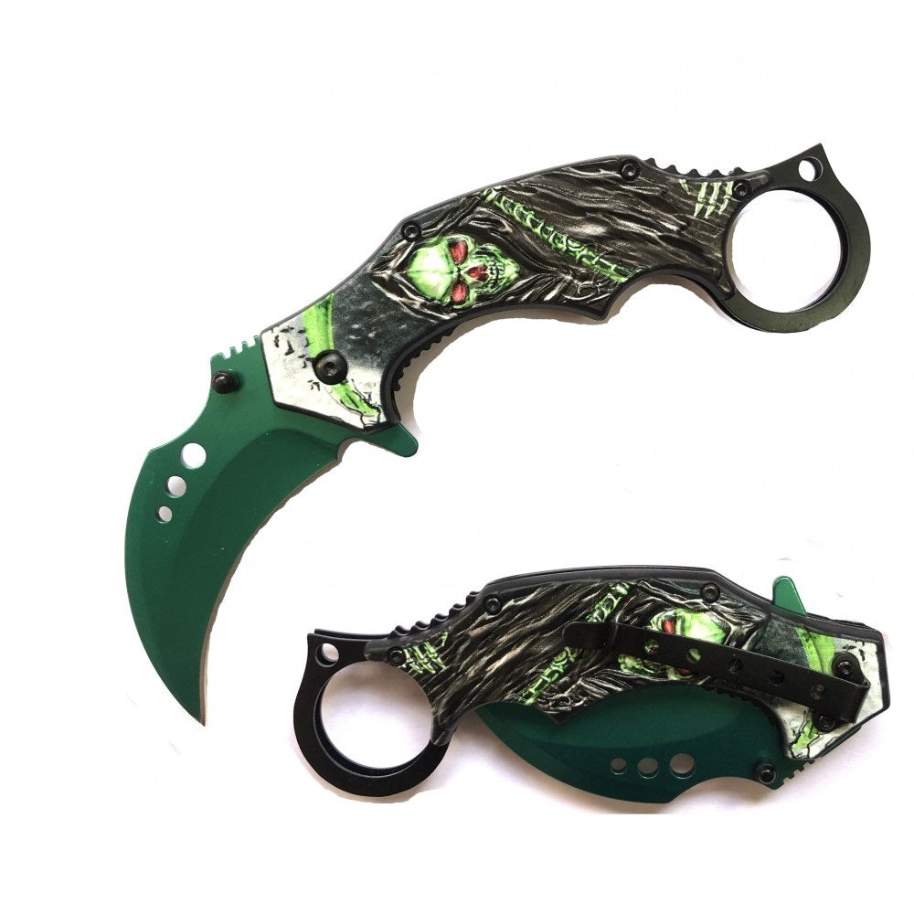 Demon Of Death Grim Reaper Karambit Pocket Knife Flaming Scythe Green
