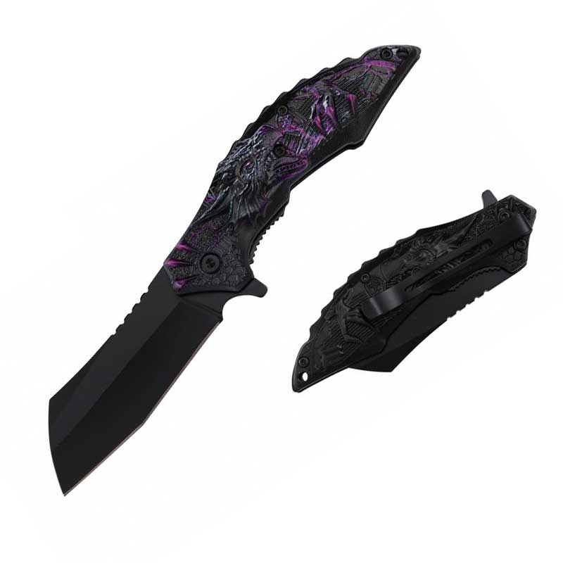8" Purple Dragon Handle Assisted Open Pocket Knife Cleaver Blade - TOPHATTER'S ARMORY DEALS