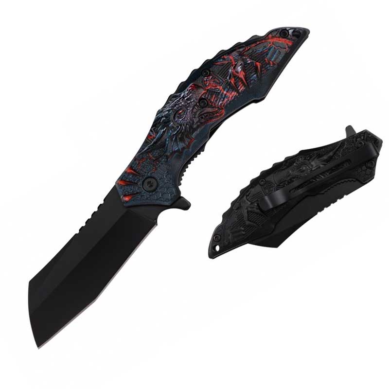 8" Red Dragon Handle Assisted Open Pocket Knife Cleaver Blade - TOPHATTER'S ARMORY DEALS