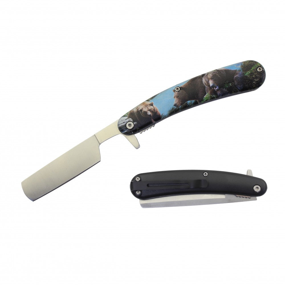 Spring Assist Folding Knife Straight Razor 4" Blade Bear - TOPHATTER'S ARMORY DEALS