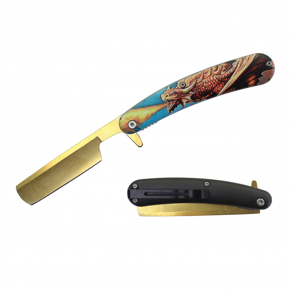 Spring Assist Folding Knife Straight Razor 4" Blade Dragon - TOPHATTER'S ARMORY DEALS