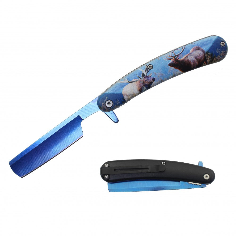 Spring Assist Folding Knife Straight Razor 4" Blade Deer - TOPHATTER'S ARMORY DEALS