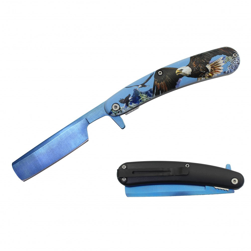 Spring Assist Folding Knife Straight Razor 4" Blade Eagle - TOPHATTER'S ARMORY DEALS