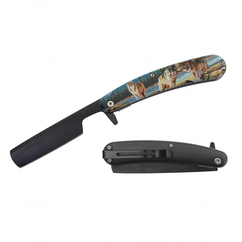 Spring Assist Folding Knife Straight Razor 4" Blade Wolf - TOPHATTER'S ARMORY DEALS