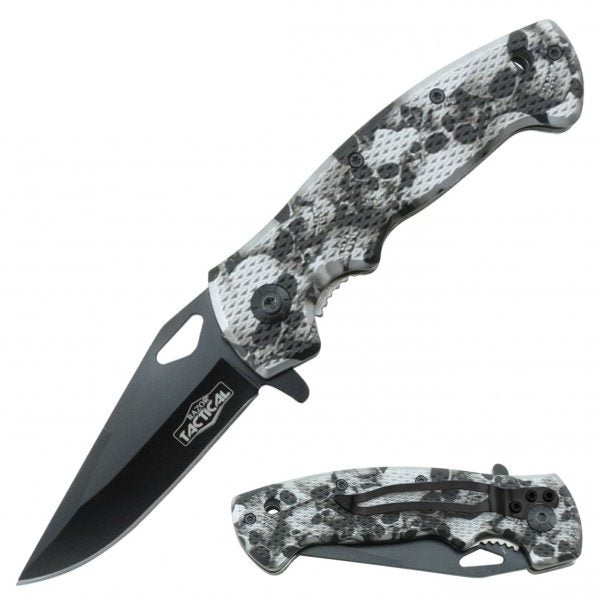 Grey Skull Tactical Spring Assisted Knife With Textured Grip Handle - TOPHATTER'S ARMORY DEALS