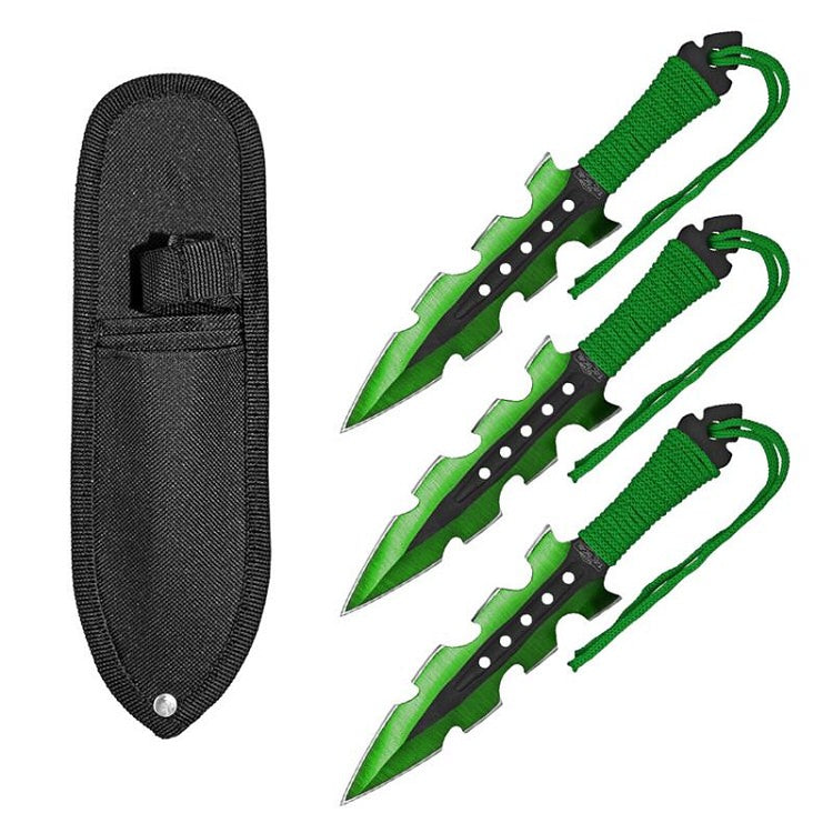 7.5 Inch Jagged Dagger Point 3 PC Throwing Knives Set Green