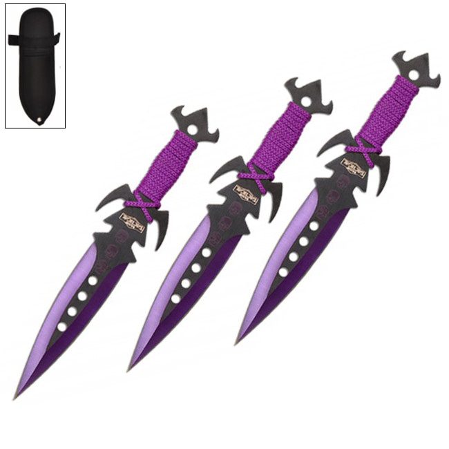 7.5 Inch Deadly Triad of Skulls Dagger Point 3 PC Throwing Knives Set Purple
