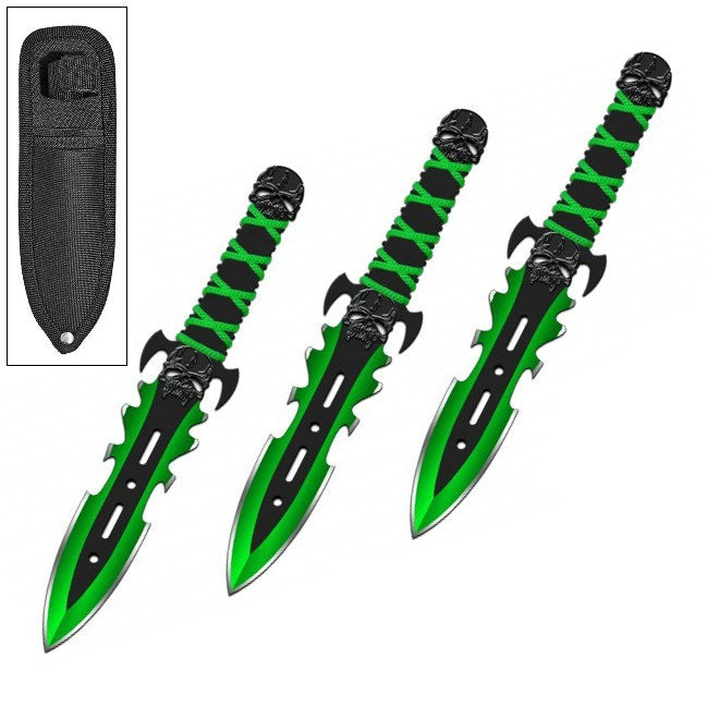 3PC 7.5" Green Demon Ninja Tactical Combat Throwing Knife Set With Sheath - TOPHATTER'S ARMORY DEALS