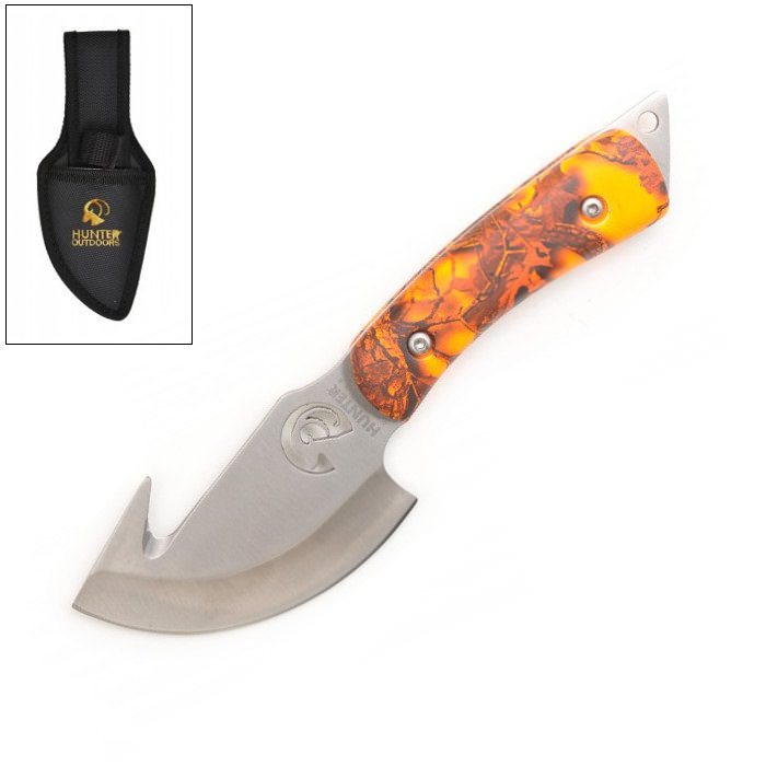 7.25" Orange Camo Hunting Stainless Steel Gut Hook Skinning Knife with Sheath - TOPHATTER'S ARMORY DEALS