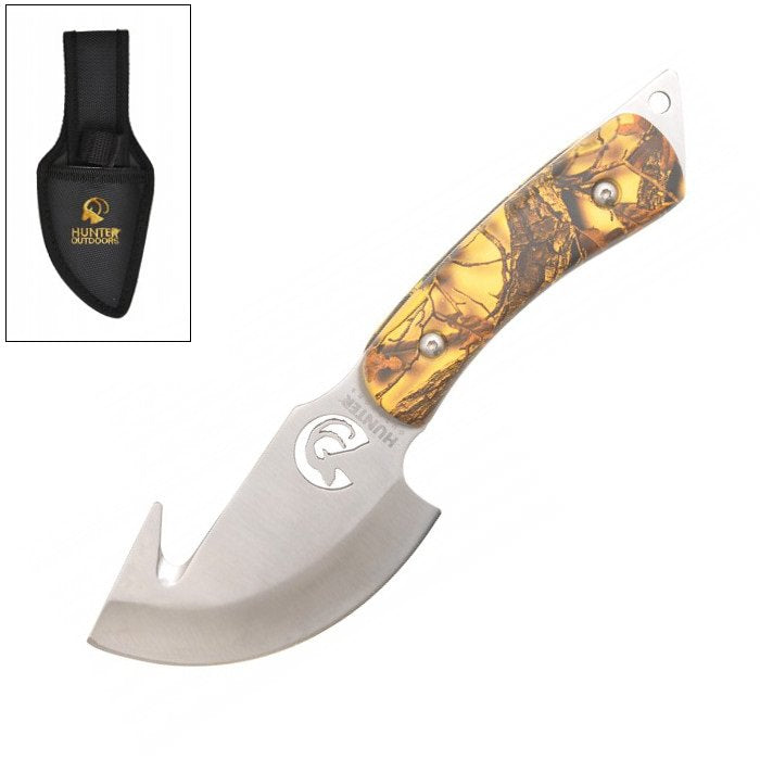 7.25" Camo Hunting Stainless Steel Gut Hook Skinning Knife with Sheath