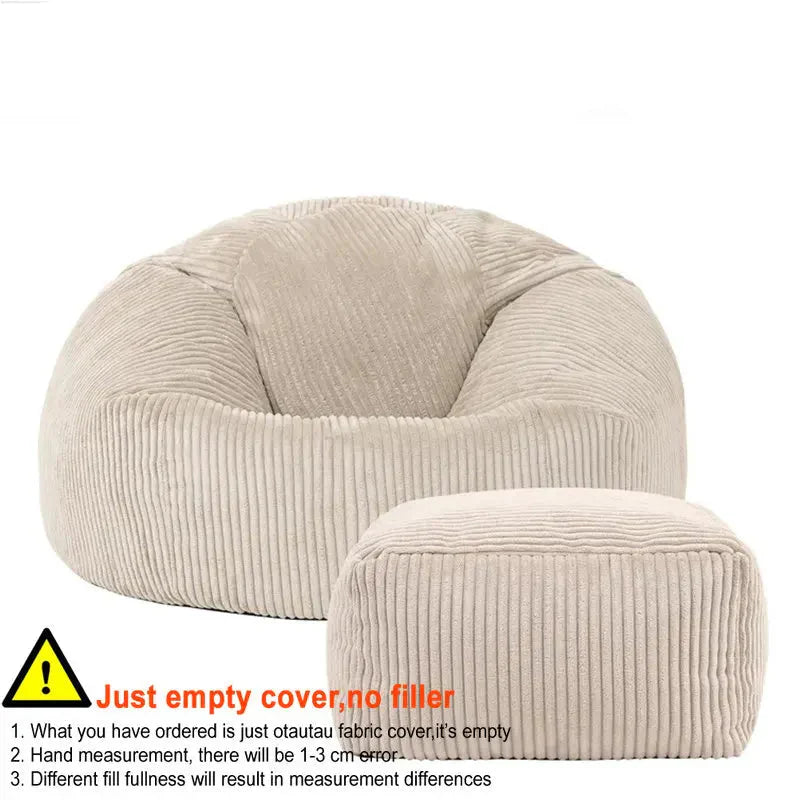 2-in-1 Bean Bag Chair & Footstool Cover Set Flannel Corduroy No Filler Beige