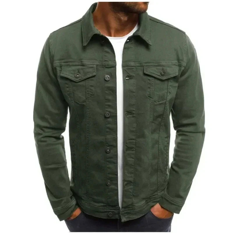 Mens Denim Streetwear Jacket Cotton Casual Slim Fit (Green)