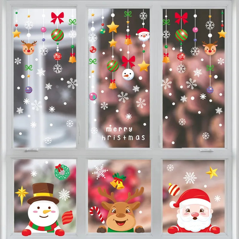 Festive Santa Claus Snowman Elk Window Stickers - Snowflake Electrostatic Wall Decals (1 Set