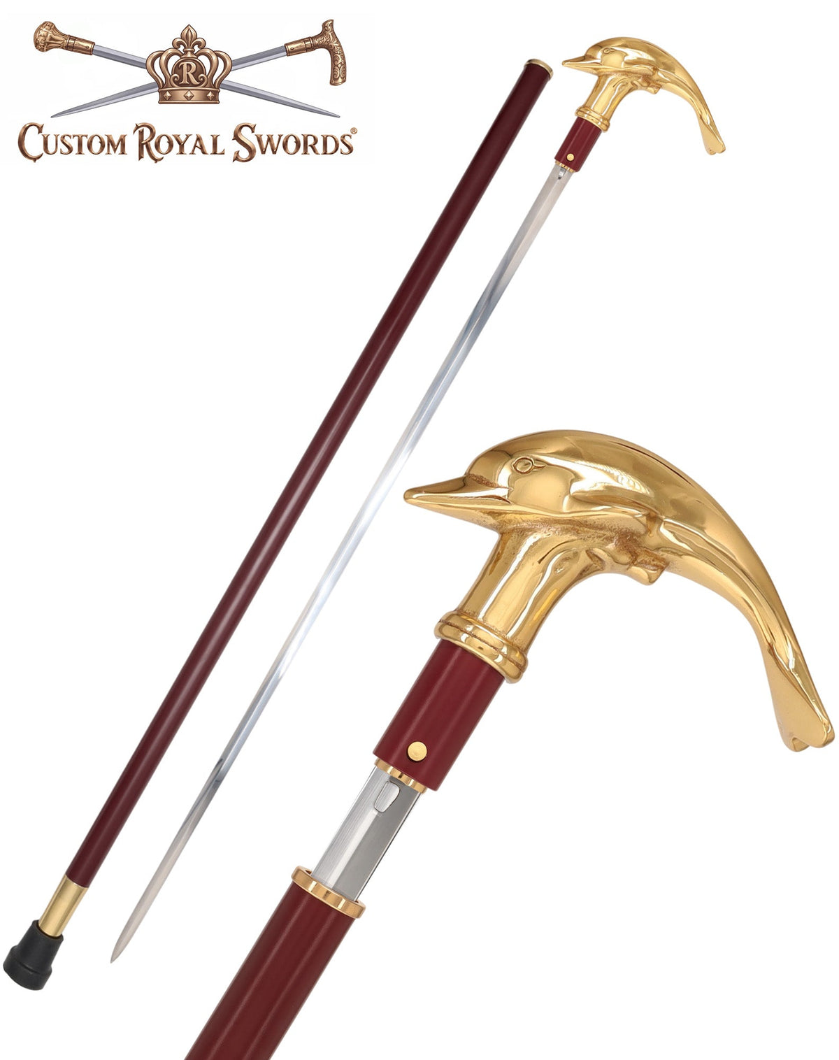 Custom RC Swords Brass Dolphin Handle Sword Cane – Mahogany Metal Shaft, 29" Blade
