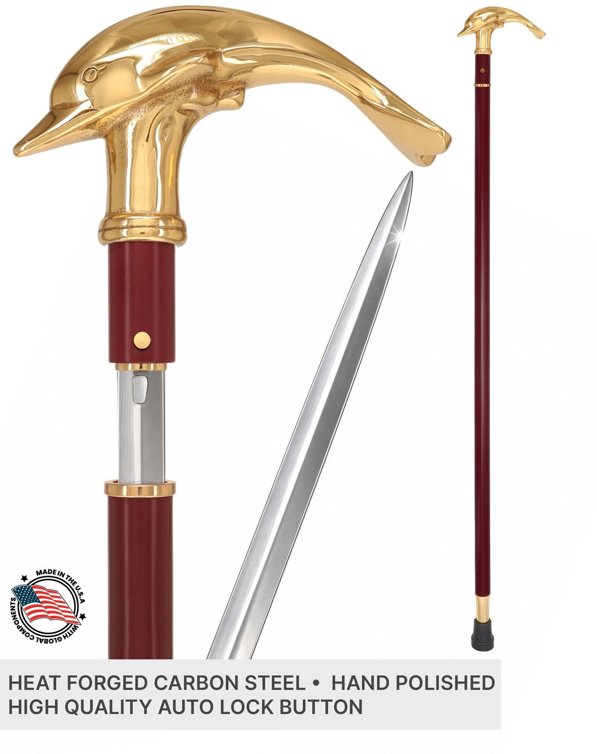 Custom RC Swords Brass Dolphin Handle Sword Cane – Mahogany Metal Shaft, 29" Blade