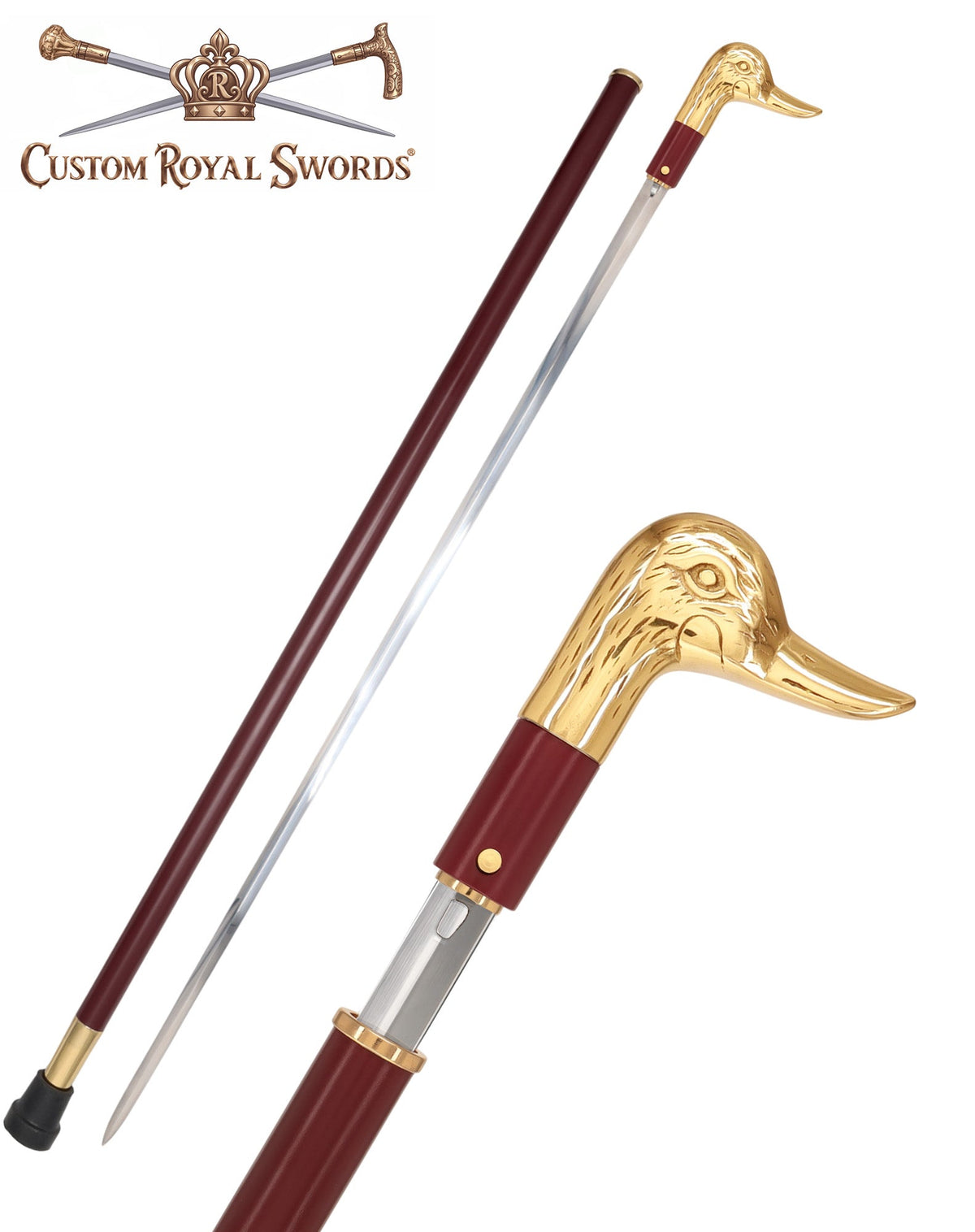 Custom RC Swords Brass Duck Handle Sword Cane – Mahogany Metal Shaft, 29" Blade