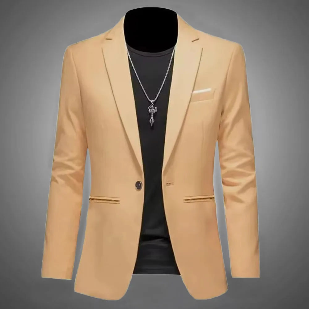 Mens Slim Fit Casual Suit Jacket Single Button (Khaki)