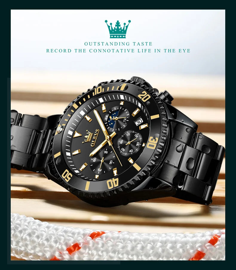 Waterproof Moon Phase Quartz Wristwatch - All Black