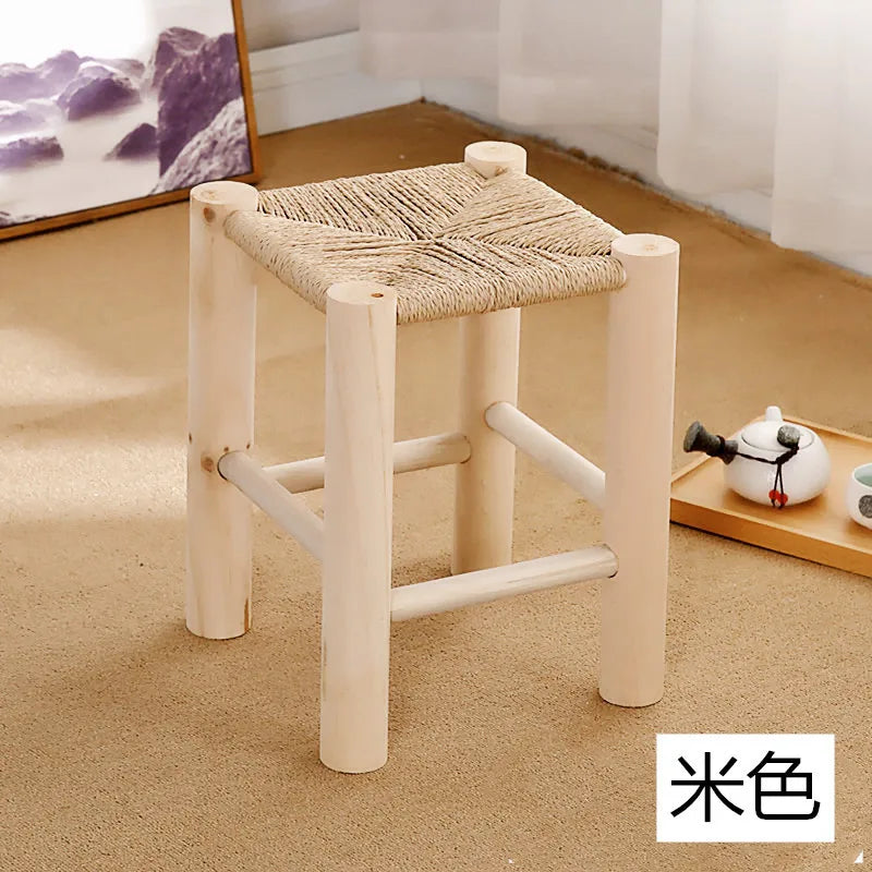 Hand-Woven Wooden Shoe Changing Stool - Beige Pine Stool with Non-Slip Surface