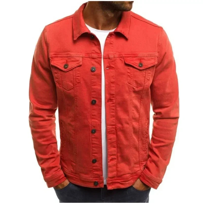 Mens Denim Streetwear Jacket Cotton Casual Slim Fit (Red)