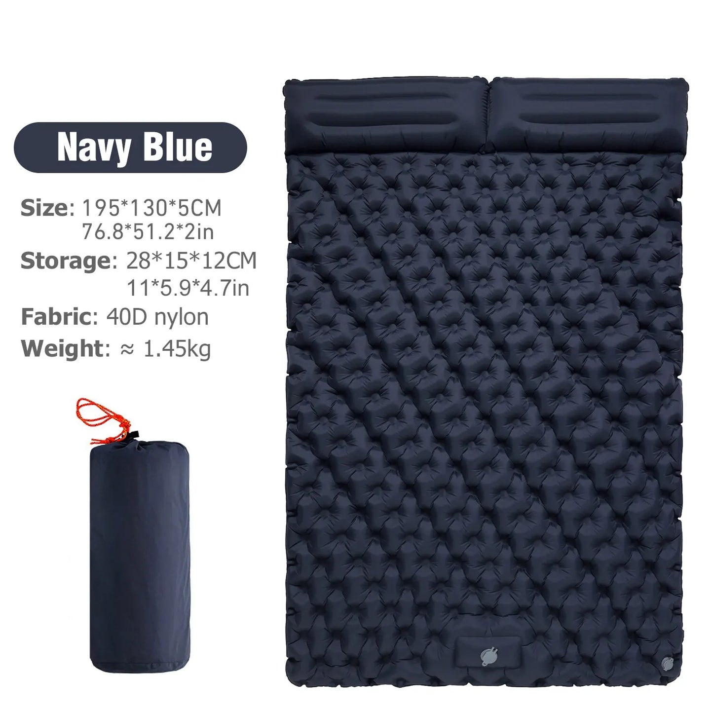 Double Inflatable Camping Mattress with Built-in Pillow Pump Navy Blue