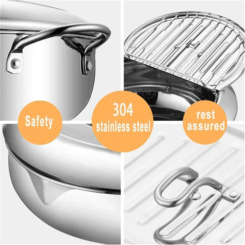 24cm Deep Frying Pot with Thermometer and Lid Silver