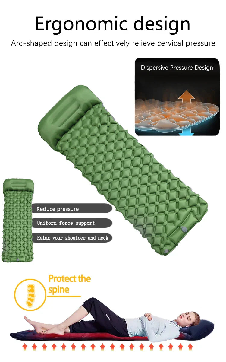 Inflatable Camping Mattress with Pillow Built-In Pump Air Green