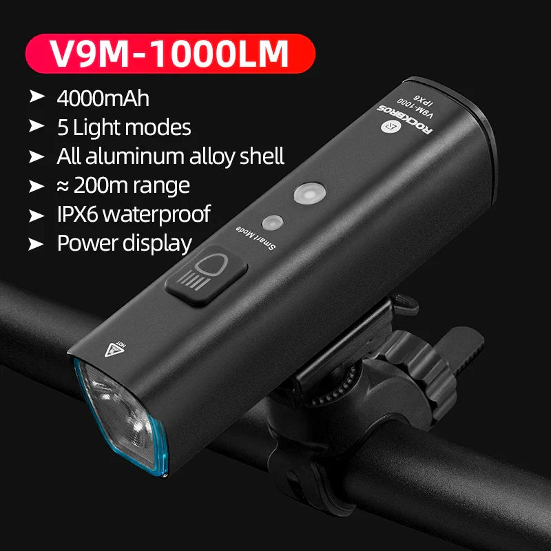 1000LM Smart Bike Headlight Vibration Light Sensing Black