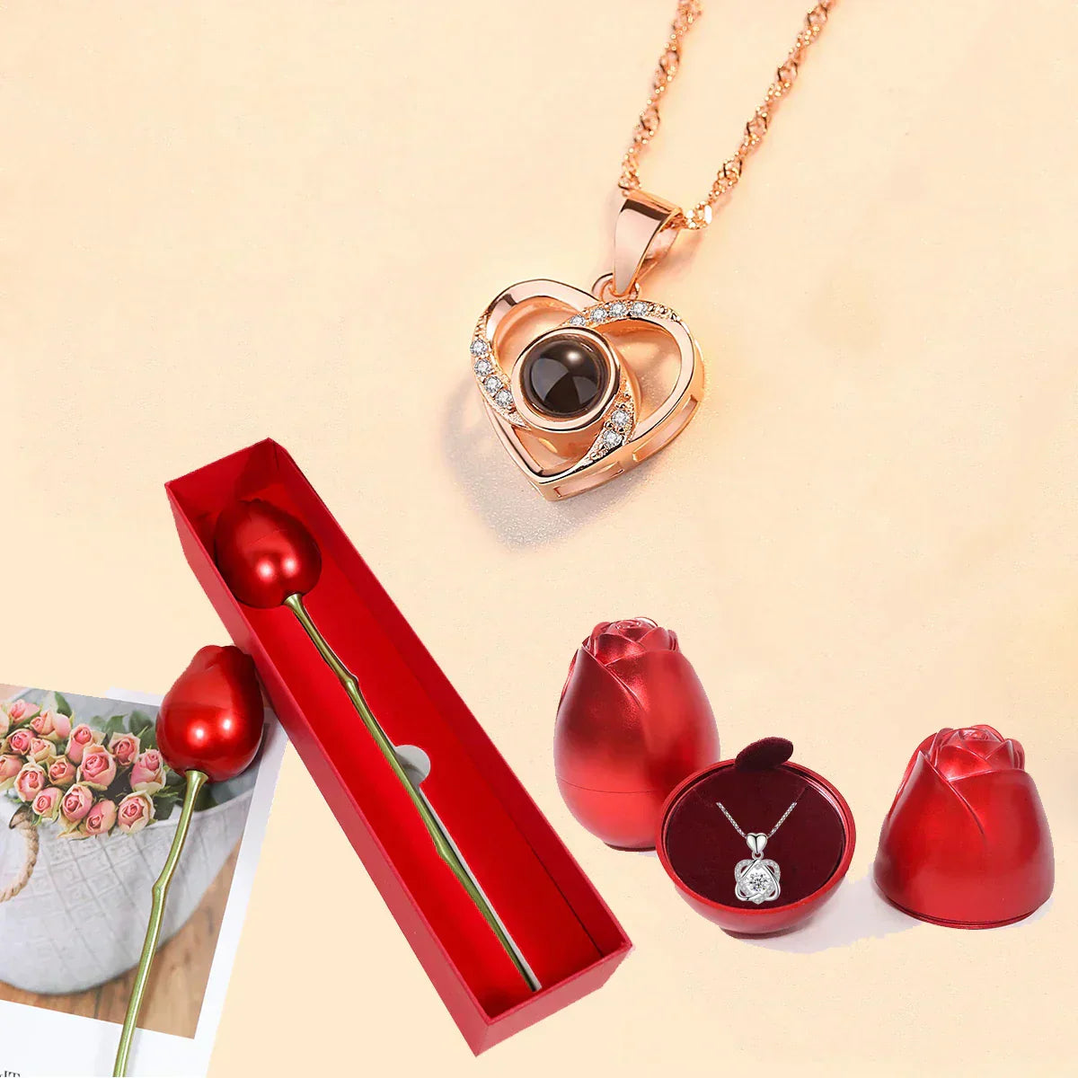 Rose-Embellished Love Heart Necklace - Gold Finish, 45cm Length