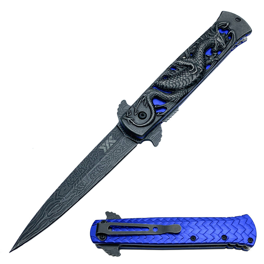 Heavy Duty Blue Fierce Dragon Spring Assisted Knife Damascus Pattern Blade - TOPHATTER'S ARMORY DEALS