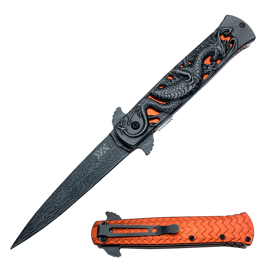 Heavy Duty Fierce Dragon Spring Assisted Knife Damascus Pattern Blade - TOPHATTER'S ARMORY DEALS
