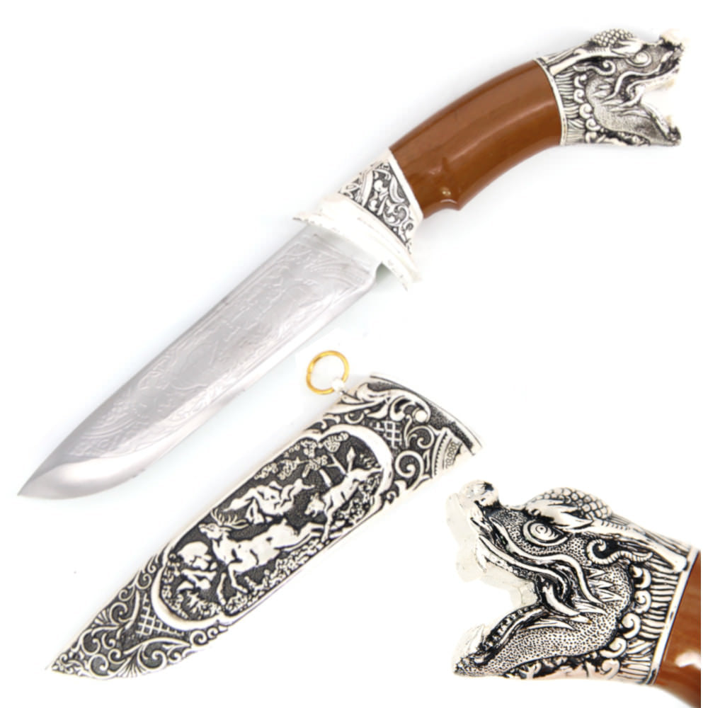 Dragon Head Dagger Fixed Blade Hunting Knife With Scabbard - TOPHATTER'S ARMORY DEALS