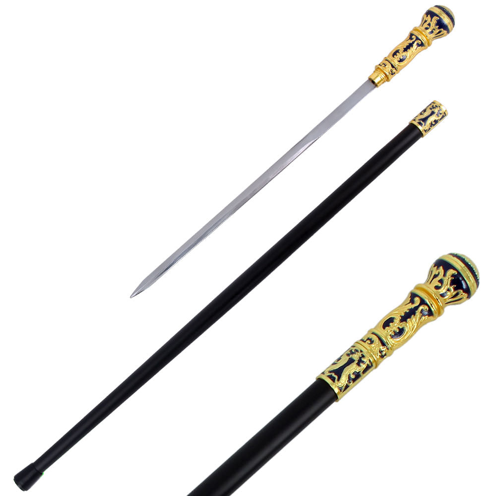 36" Golden Blue Knob Deluxe Steel Cane Sword - TOPHATTER'S ARMORY DEALS