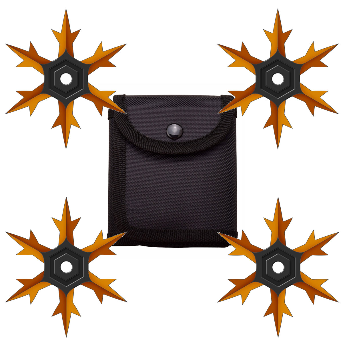 4 Pc Set Orange and Black Finish Six Point Throwing Ninja Stars Snowflake Shurikens