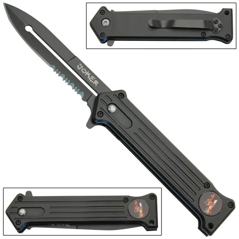 All Black Serrated Joker Spring Assist 'Legal Automatic' Knife - TOPHATTER'S ARMORY DEALS