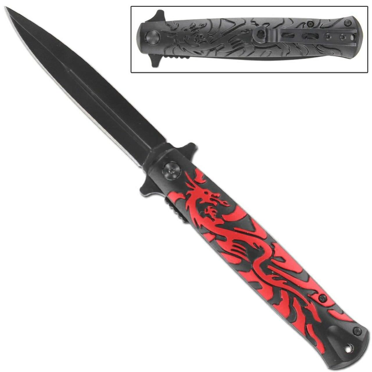 4" Blade Red Dragon Spring-Assist Folding Stiletto Knife